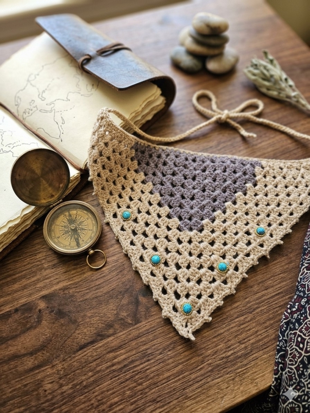 Handmade Beige and Taupe Crochet Triangle Bandana with Turquoise Embelishments